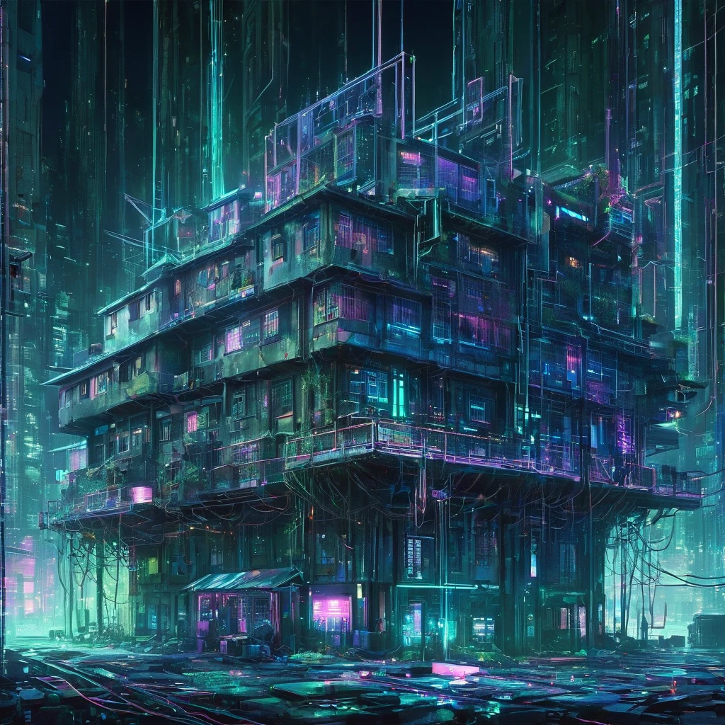 cyber punk　cyber punkアート　A large building in the center　A building filled with secret machinery　Building with tangled wires　Futuristic buildings　The building is dimly lit　Light leaks from the multiple windows　The windows are randomly placed　Below the building are rows of abandoned buildings.　Multiple utility poles　Tangled wires　Beautiful picture　Exquisite illustrations　wonderful