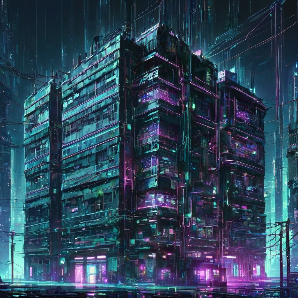 cyber punk cyber punkアート A large building in the center A building filled with secret machinery Building with tangled wires Futuristic buildings The building is dimly lit Light leaks from the multiple windows The windows are randomly placed Below the building are rows of abandoned buildings. Multiple utility poles Tangled wires Beautiful picture Exquisite illustrations wonderful