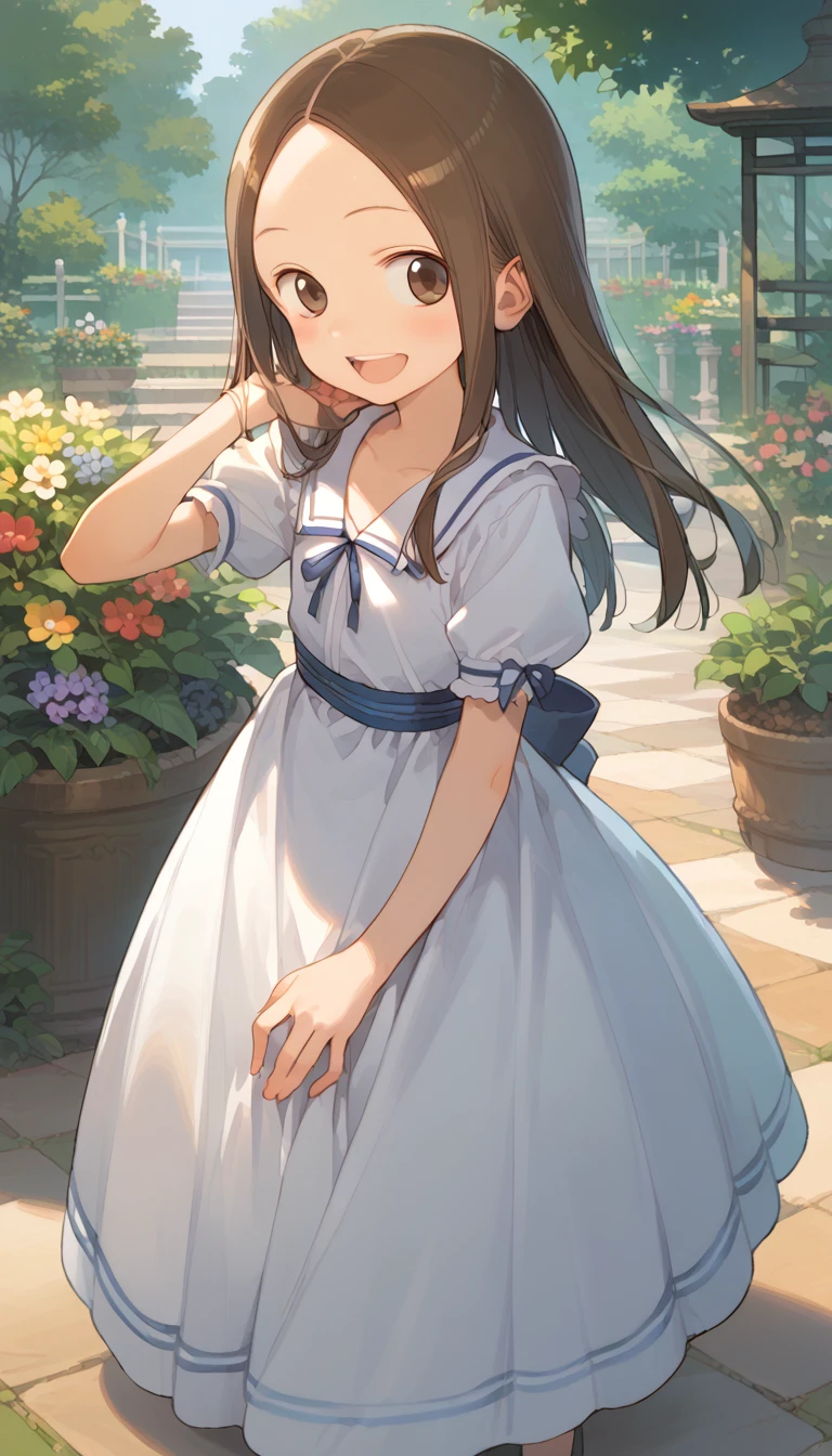 score_9, score_8_up, score_7_up, source_anime, (masterpiece), best quality, expressive eyes, perfect eyes, perfect face, 1girl, {looking at viewer}, garden, outdoors, takagi-san, takagi, brown hair, brown eyes, long hair, Laugh, beautiful dress, Dancing gracefully