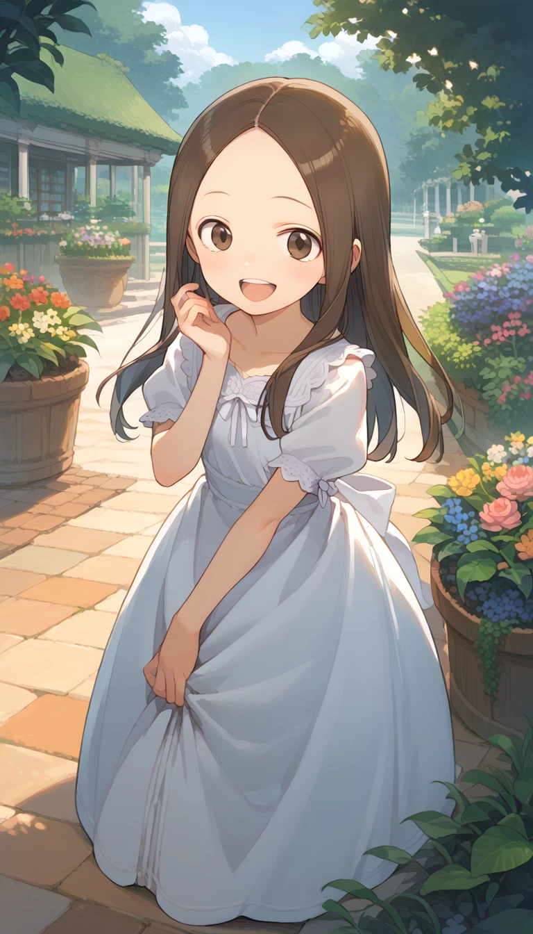 score_9, score_8_up, score_7_up, source_anime, (masterpiece), best quality, expressive eyes, perfect eyes, perfect face, 1girl, {looking at viewer}, garden, outdoors, takagi-san, takagi, brown hair, brown eyes, long hair, Laugh, beautiful dress, Dancing gracefully