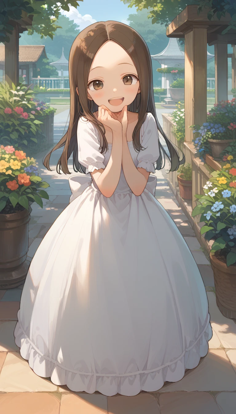 score_9, score_8_up, score_7_up, source_anime, (masterpiece), best quality, expressive eyes, perfect eyes, perfect face, 1girl, {looking at viewer}, garden, outdoors, takagi-san, takagi, brown hair, brown eyes, long hair, Laugh, beautiful dress, Dancing gracefully