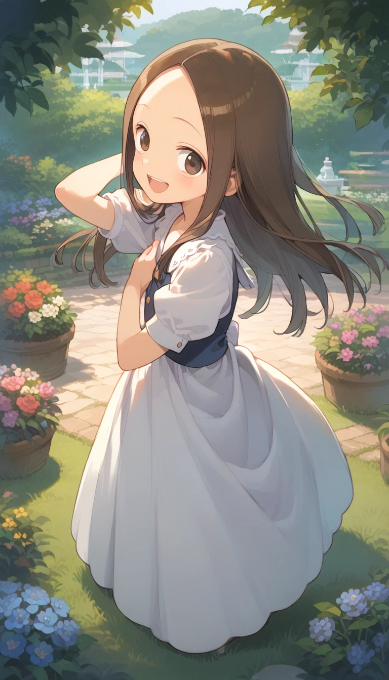 score_9, score_8_up, score_7_up, source_anime, (masterpiece), best quality, expressive eyes, perfect eyes, perfect face, 1girl, {looking at viewer}, garden, outdoors, takagi-san, takagi, brown hair, brown eyes, long hair, Laugh, beautiful dress, Dancing gracefully