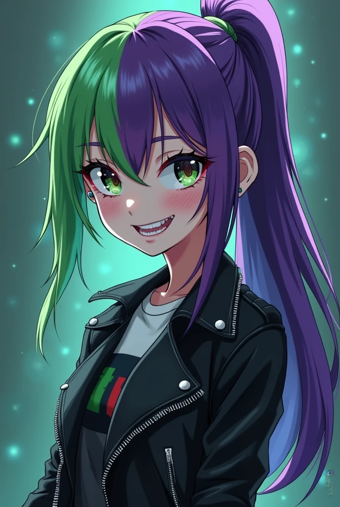 Generates a woman with green hair and eye on the left side and purple hair and eye on the right side in anime style. she wearing a White t-shirt with leather jacket and her tooth is sharp triangle shape, she is smiling exposing her tooth, punky style, long ponytail, tall, she is insane, and she is holding a graffiti spray with her hand, best quality, wide open eyes, earrings, small pupils, she is tall hight
