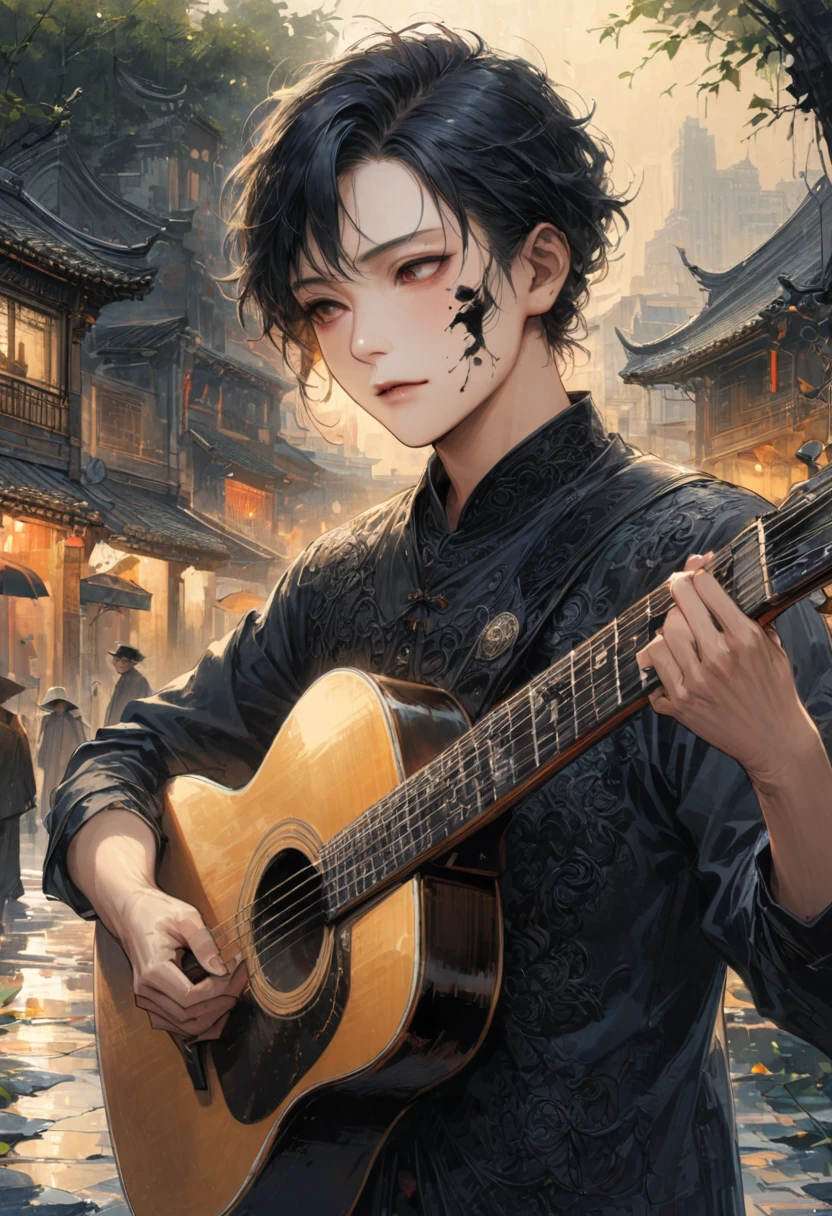 man, A street performer plays guitar in the city square, with dusk light, close-up, exquisite facial features, ink style, realistic, detailed background, (masterpiece, best quality, perfect composition, very aesthetic, absurdres, ultra-detailed, intricate details, Professional, official art, Representative work:1.3), (Animagine:0.01)