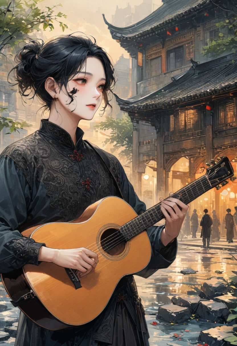 man, A street performer plays guitar in the city square, with dusk light, close-up, exquisite facial features, ink style, realistic, detailed background, (masterpiece, best quality, perfect composition, very aesthetic, absurdres, ultra-detailed, intricate details, Professional, official art, Representative work:1.3), (Animagine:0.01)