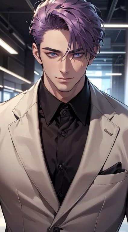 (best quality,4k,8k,highres,masterpiece:1.2),ultra-detailed,(realistic,photorealistic,photo-realistic:1.37),1 man,3,mature man,very handsome,without expression,smile,short purple hair,blue eyes,penetrating gaze,perfect face without errors,imposing posture,businessman,office background,cinematic lighting,hdr image