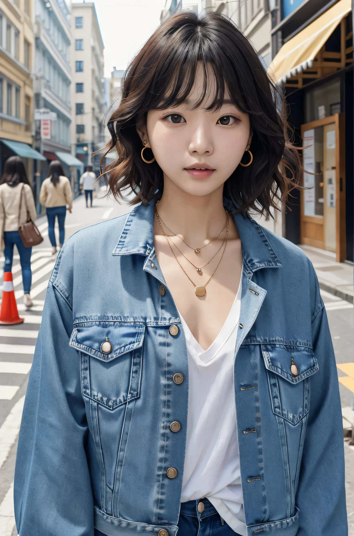 Clear Korean woman、, Wavy Hair、short hair、、Please open your mouth a little、Denim jacket、shirt、ear piercing、necklace、、The background is a city street