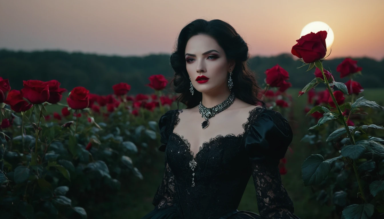 action film, elegant pose,The Lady of Shadows, a beautiful female, grandes olhos negros, mournful look, scarlet lips, pale skin, long black hair, fluttering in the wind, dark dress with lace in baroque style, elegant white gloves on the hands, elegant jewelry in clothes and hair, Standing in a field of roses, night time, night sky, huge bright moon, cold moonlight, Detail eyes, Hiquality, master part