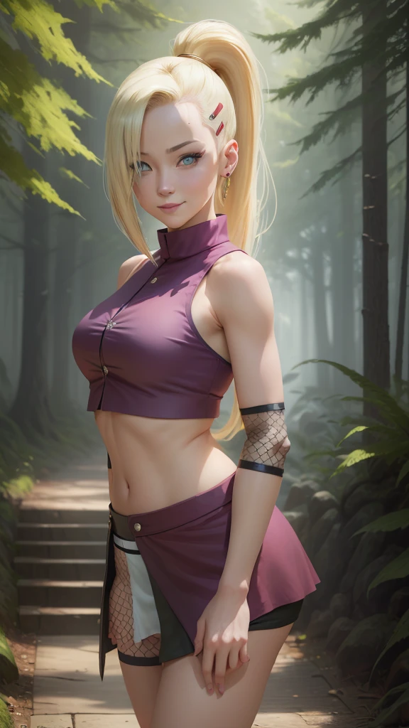 (masterpiece, best quality:1.2), solo, 1girl, yamanaka ino, smile, looking at viewer, hair over one eye, ponytail, hairclip, crop top, sleeveless, skirt, fishnets, earrings, midriff, forest