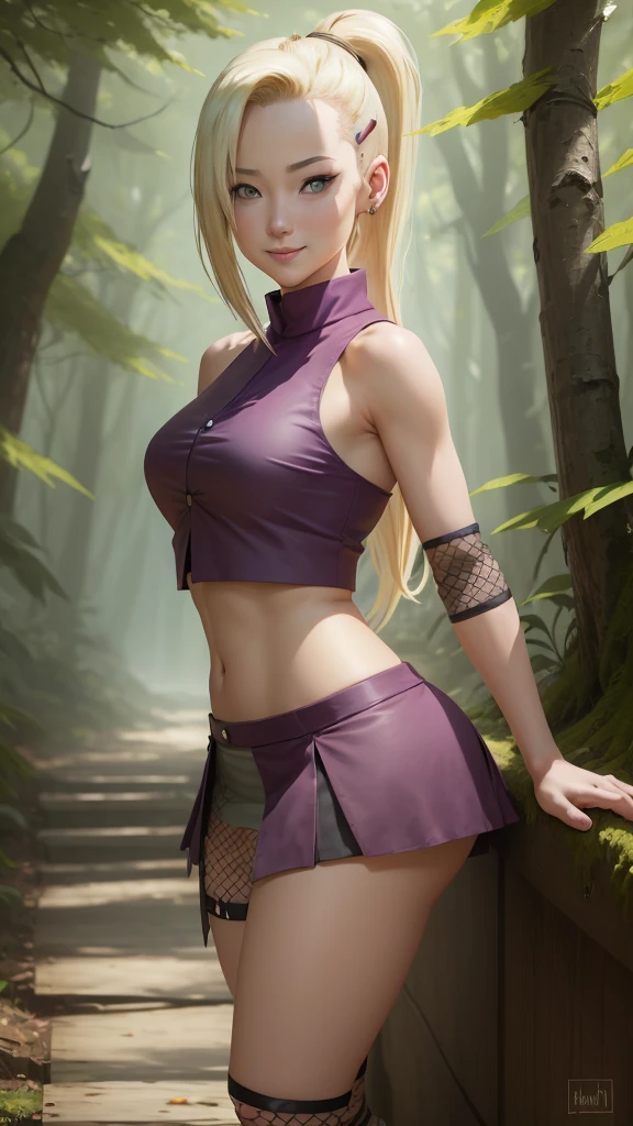 (masterpiece, best quality:1.2), solo, 1girl, yamanaka ino, smile, looking at viewer, hair over one eye, ponytail, hairclip, crop top, sleeveless, skirt, fishnets, earrings, midriff, forest 