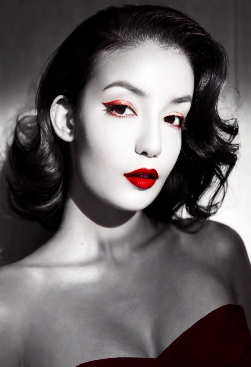 Photo noire et blanc, film noir style, Maginifique, 1fille, Seulement, demi-corps, Dramatic lighting, monochrome, high contrast, ombres dramatiques, 40s style, Mysterious, cinematic, Bright red lips (((Only lips red)))
