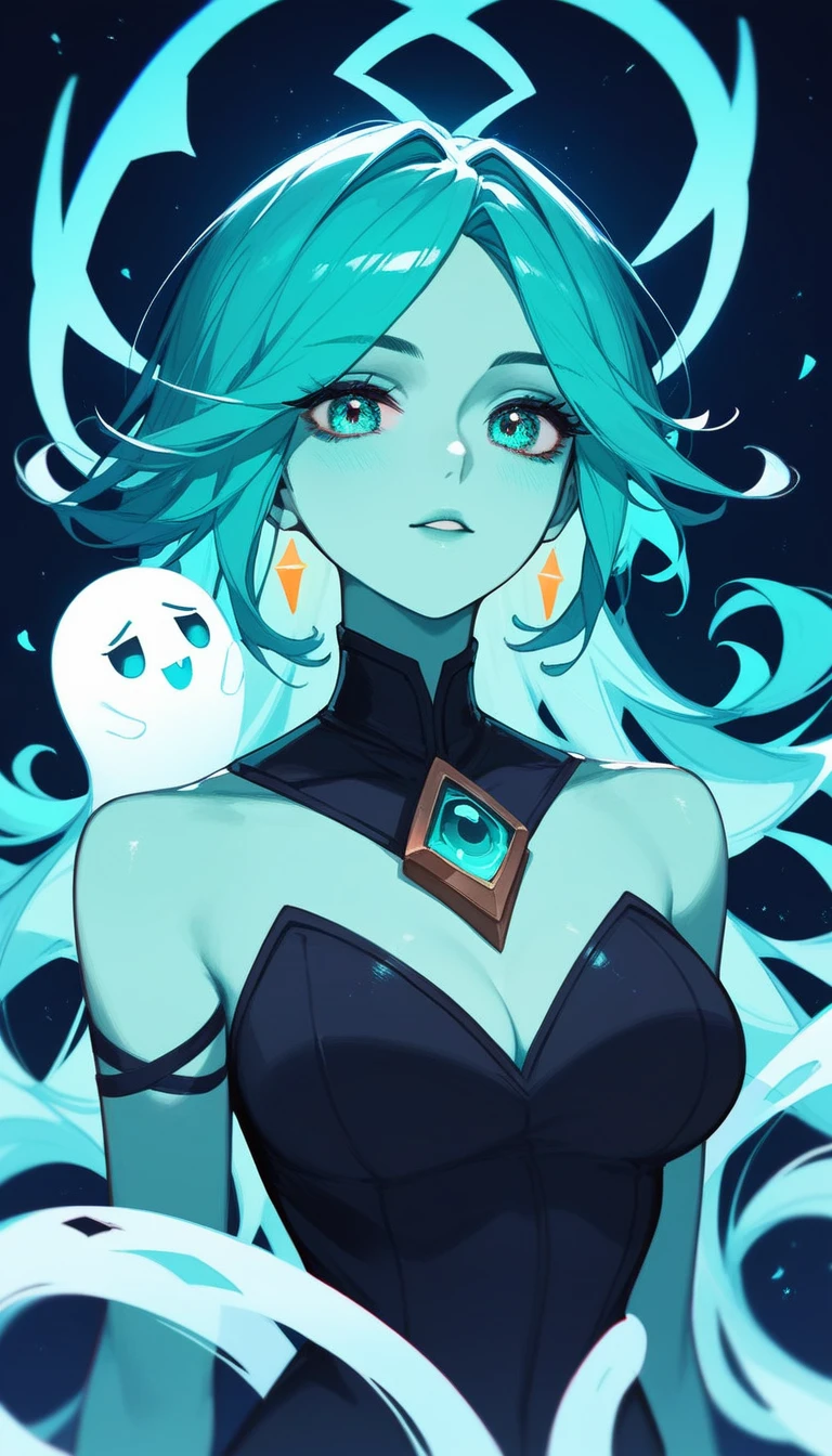 (Fraction_9,Fraction_8_Direction_7_up),1 A Ghost Woman,(((bust))), A beautiful woman,Ghost Knight, Foyego,Turquoise colored hair,Turquoise skin,Skin glow,League of Legends Characters,Skin is green soul,Arcane,The character's body is translucent,The broken armor on his body,The legs are also transparent,soul,translucent,