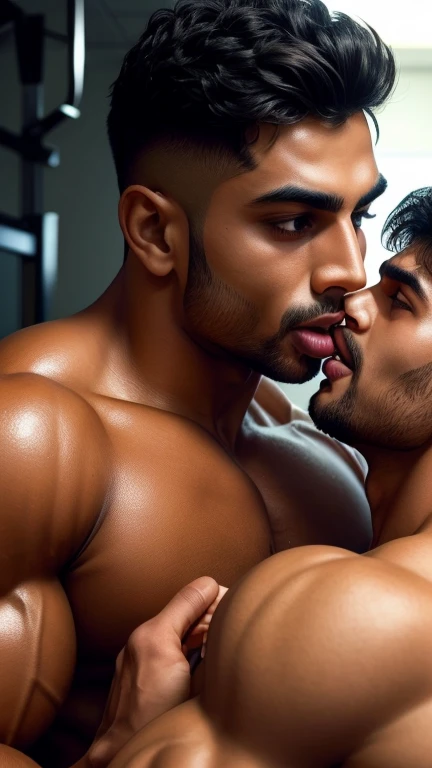 Pehlwan man Indian Gurjar gay couple wetty mouth to mouth tounge to tounge kissing and ing lower lip, bitting lower lip during kissing saliva dripping from mouth with big shinning eyes big lips wide jawline beautiful hunk face spiky black hairstyle, seductive kissing in gym during sweat running from body