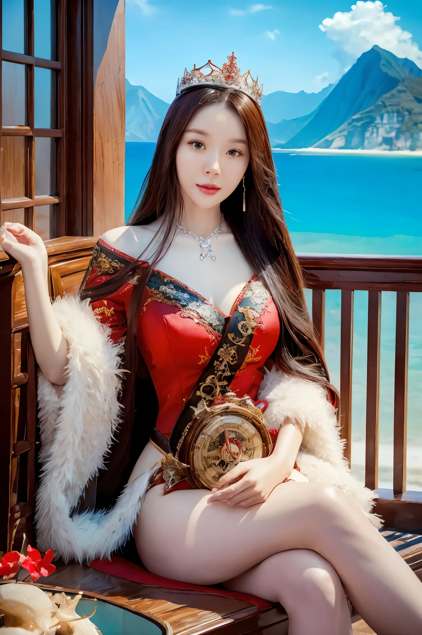 A beautiful woman sitting on the beach holding a clock, the Sea Queen Mu Yanling, a gorgeous digital art masterpiece, 4k highly detailed digital art, a beautiful fantasy queen, 8K high quality detailed artwork, beautiful fantasy, by artist Yang Jie, gorgeous and lavish digital art, in the style of Guo Wei, beautiful fantasy art, Chinese fantasy