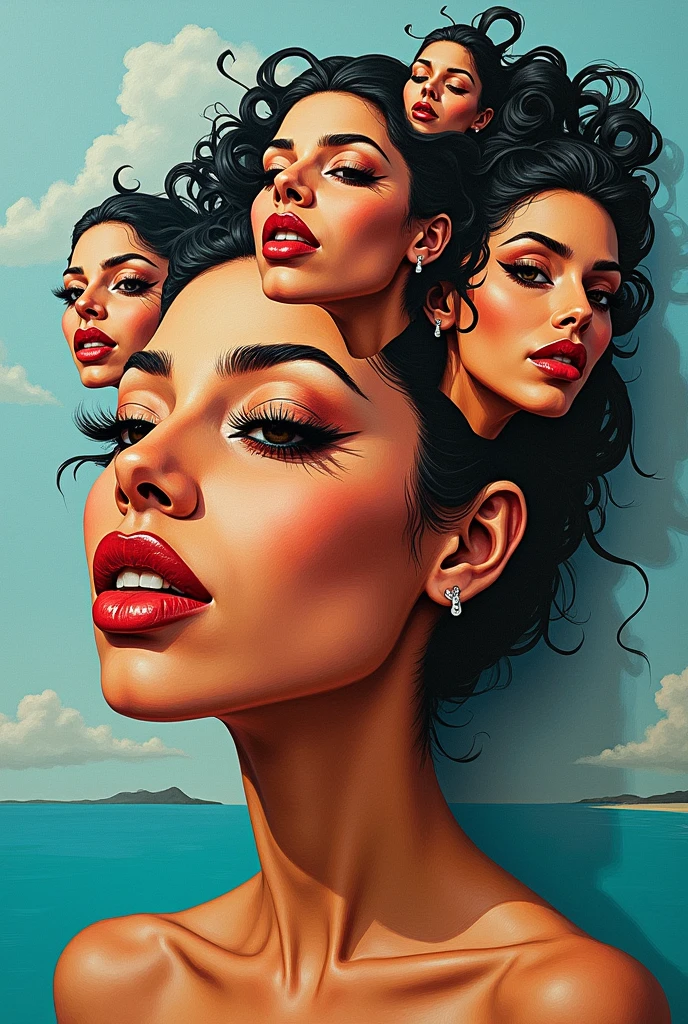 Expressionist artwork images of multiple floating heads of puerto rican women, 3d collage style, make it weird and gallery worthy