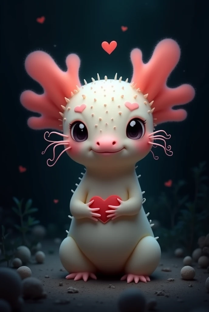 Axolotl with heart and black background