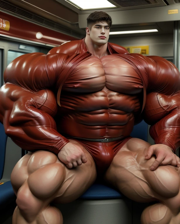 Japan man, man, youth, Best quality, crisp quality, Masterpiece, Highest resolution, Highly detailed, Red latex suit, love heart,huge chest muscle, huge
arms ,Full-body muscular figure,any subway car,mtu, giant, solo, giant bodybuilder, illuminating light, strong body, bulk, large size, sitting on seat, indoor, nude, enormous bulge pants, extraordinary big, brutalmass, giant muscular body, bulk, buff, massive body, large meaty body size, extremely wide body