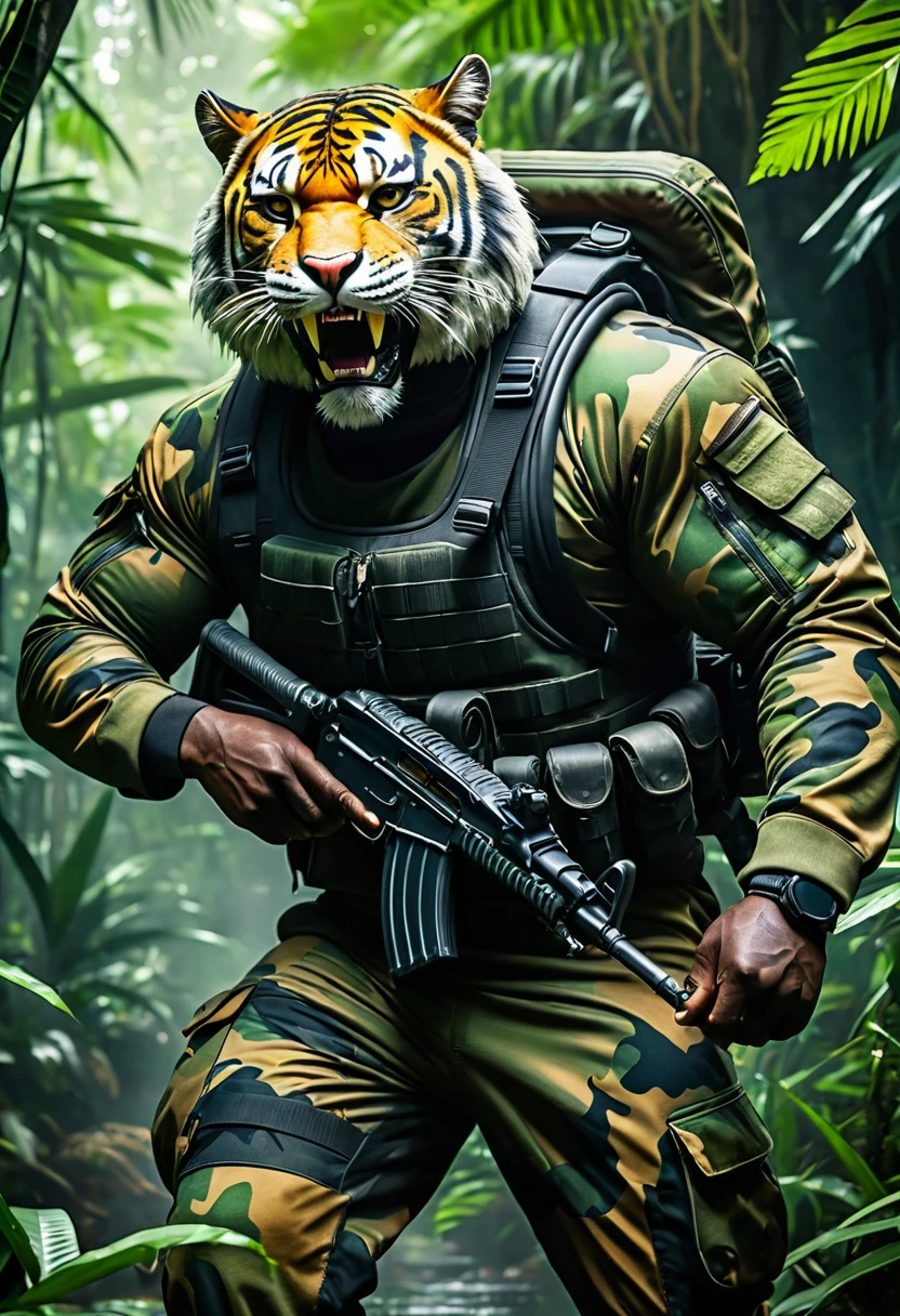 (a dark-skinned fat muscular old man in a bulky army camouflage zipper diver suit) carrying an AK-47, (wearing a small-sized realistic roaring tiger mask), dynamic action pose, fierce expression, roaring, showcasing an imposing stature, surrounded by military elements, dramatic shadows and intense highlights, cinematic color tones, high detail, powerful, art influenced by Bruce Onobrakpeya and Stanley Artgerm, ultra-detailed, best quality image, action-packed atmosphere. patrolling in jungle