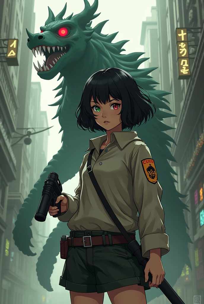 Girl character set in jujutsu kaisen with short black curly hair with red, green eyes with orange, light brown complexion, somewhat large chest, with a gun, a mythical creature from ancient Greece coming out in the city in the back like fantasy