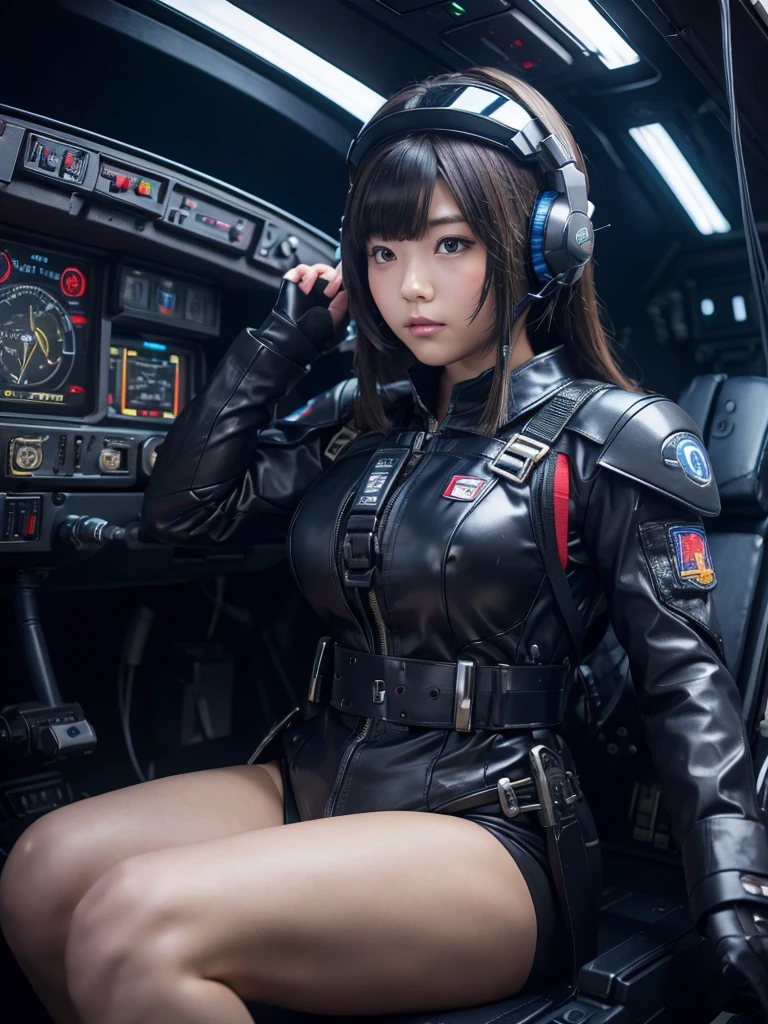 (Gundam suit)、Beautiful woman wearing a Gundam suit、(sit in command'seat of)、(with spreading legs)、Bare legs、glamorous and tall、long boots、Brown wavy hair、cyberpunked、(Dark makeup)、(spacecraft technology room)、(Front view)