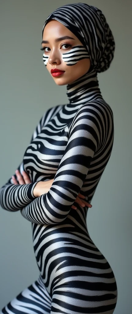 The beautiful,slender thin and clever asian muslimah adult girl with beautiful and shiny cheeks wears slate grey zebra print lycra turtleneck unitard catsuit covered with stripes and slate grey zebra print lycra elastane stretchy dancewear woven hijab covered with stripes.She is clever and happy when she puts zebra face paint makeup.