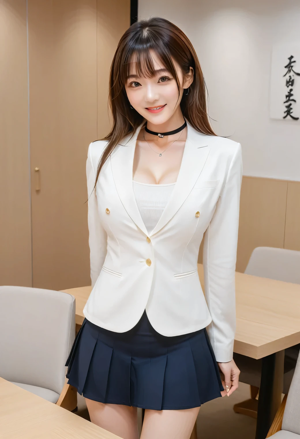 score_9, score_8, score_8 Up, score_7, Highest quality、masterpiece, group、((White Tight Collar Shirt, blazer、mini skirt, uniform,)), Large Breasts, ((Layered Haircut)), The body is slim, Slim face（8k，Highest quality），Shot from medium distances,  adorable， smile， Long brown hair， 32K, masterpiece， Best image quality，Ultra-high resolution，Perfect hands，Black choker、Almond Eye、bangs、Very thick and long eyelashes, ((Big Breasts))、A dreamy look、Perfect Makeup、Round Table Meeting、They are meeting side by side、conference room、Round Table