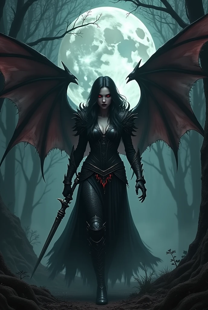 A terrifying vampire woman with demon wings in the forest dressed as a warrior on a full moon night