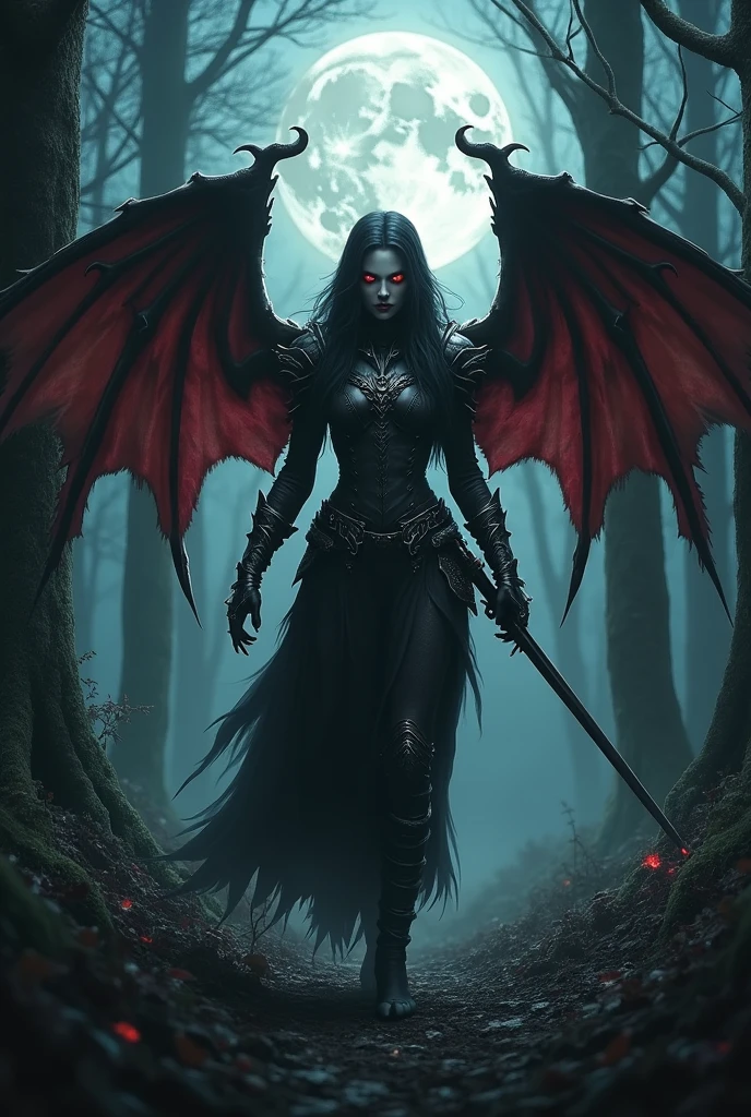 A terrifying vampire woman with demon wings in the forest dressed as a warrior on a full moon night