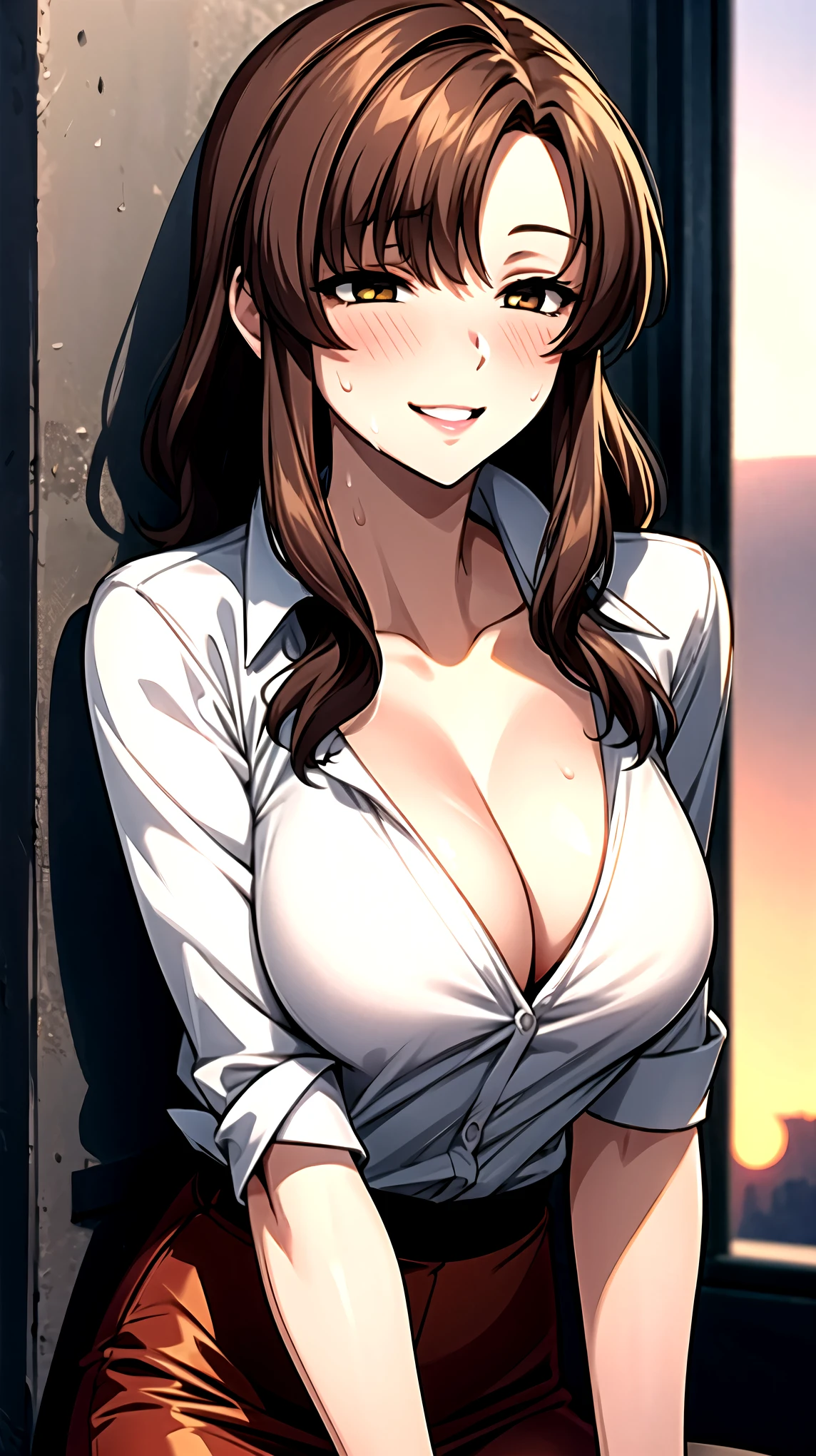 （（super high quality,Ultra-high resolution,16K,super masterpiece,Ultra HD ,Detailed shading,））On top of a hill lit by the setting sun,One sexy mature woman,（（popped Tight collar Pink shirts,Cleavage,））Folded sleeves,Red pencil skirt,Looking into the camera,Brown medium long hair,smile,blush,Thick lips,Sweaty,