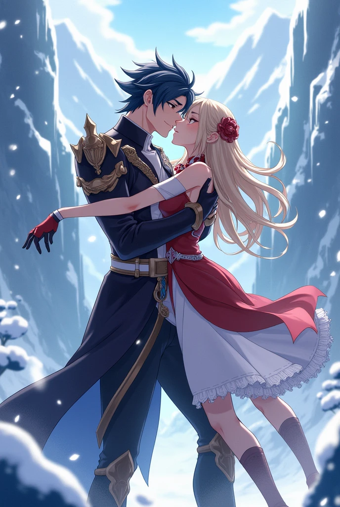 Diluc of genshin hugging Eula of genshin while kissing in dragonspine
In anime style