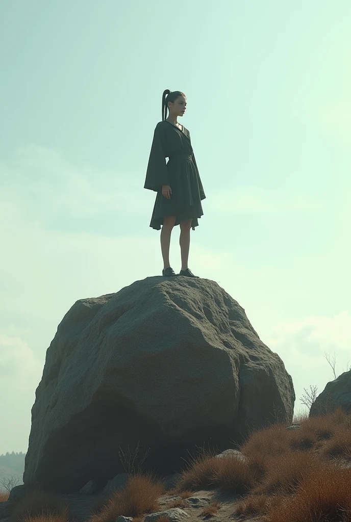 A tall thin waif standing on a bolder rock triumphantly, 8k,