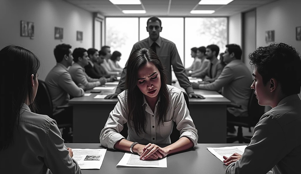 A distorted dramatic scene of a person in his exhausted work environment, can&#39;t stand working in your underpaid job as a receptionist anymore, seated customers pointing at this person, the boss calling that person&#39;s attention, the whole scene in black and white, only the main person colored.