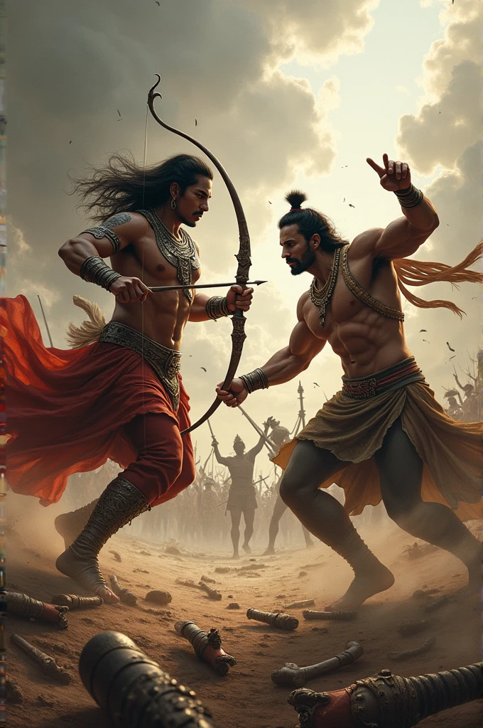Create a badass photo of arjuna fighting against karna 