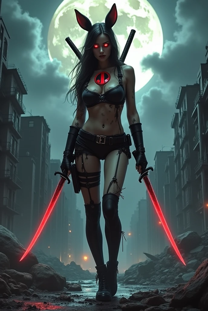 (photorealism:1.2), A hyperrealistic, dark, and gritty fusion of Jessica Rabbit and Deadpool standing in a ruined, post-apocalyptic city. She's wearing a tattered version of her iconic dress, with Deadpool's logo emblazoned on the chest. Her eyes glow an eerie red, and she's holding dual katanas. The background is a stormy night sky with a full moon.