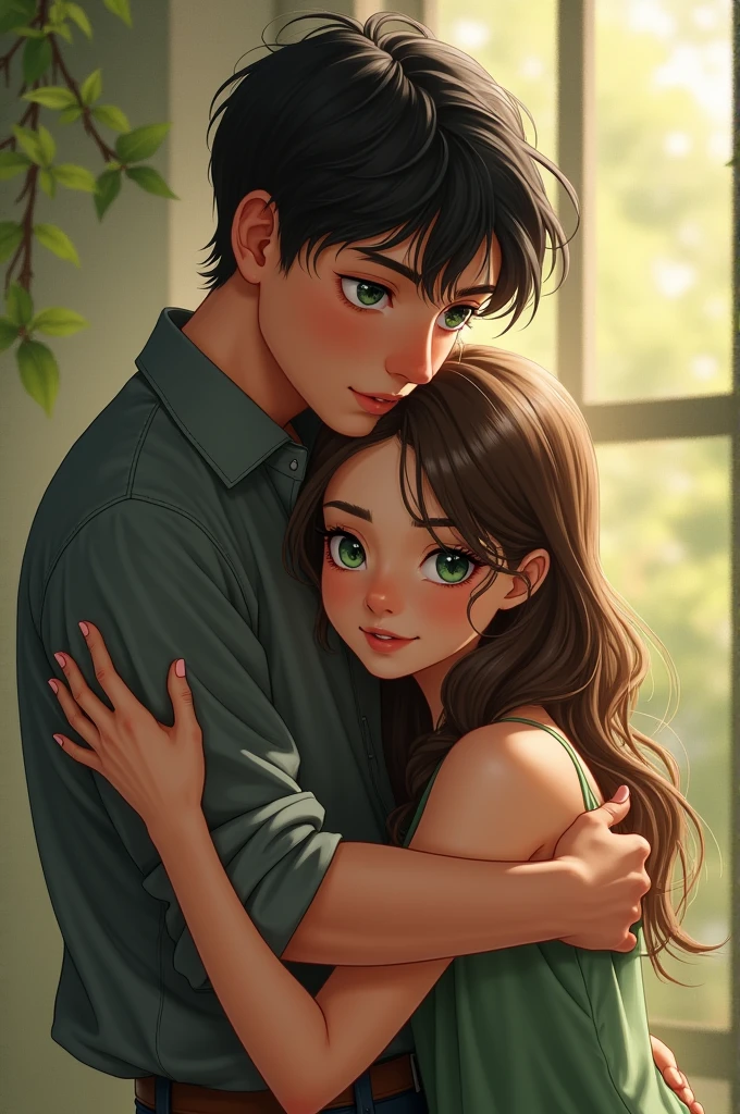 A handsome black-haired, blue-eyed boy hugging a green-eyed girl from behind, realistic art