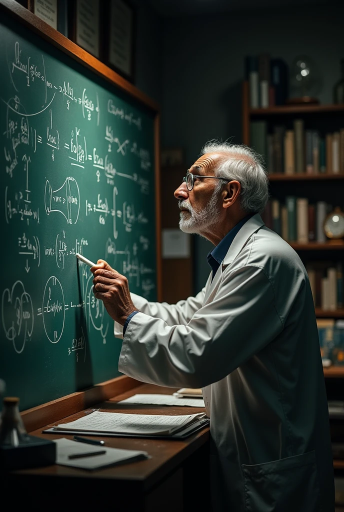 elderly scientist looking at a blackboard