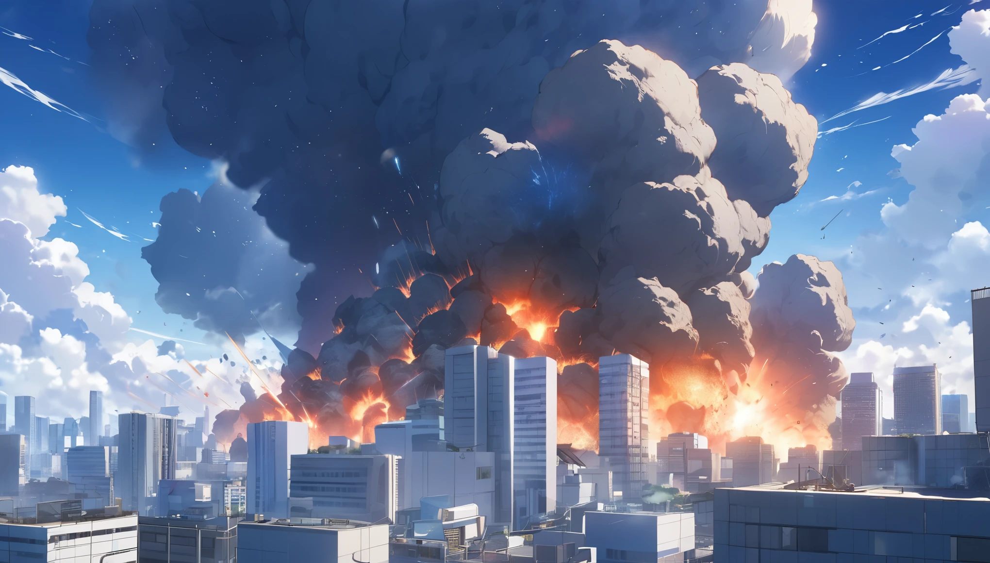 High definition、high resolution、Masterpiece、Tokyo building explodes and burns、City壊滅、blue sky、City、City、Buildings、Giant meteorites、meteorite falling、Makoto Shinkai style、