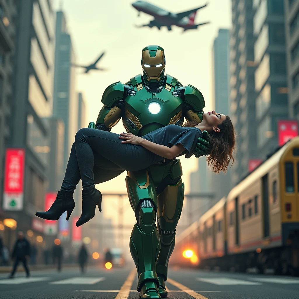The image shows the Ironman carrying an unconscious or injured woman while standing on train tracks in a cityscape. Behind him, there's a high-speed train and a jet flying overhead. The scene is chaotic, with people in the background running away in panic. This is another digitally manipulated or AI-generated image, blending superhero elements with a dramatic, action-packed setting. The Ironman, with his immense strength and iconic green appearance, is depicted as a protector or savior in a dire situation.