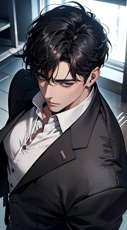 (best quality, masterpiece, 8K, photorealistic, cinematic lighting, 1:4 hdr image, top view, ultra detailed, beautiful image), a mature man, very handsome, short black hair, black eyes, perfect face without errors , ((buttoning his jacket, CEO))