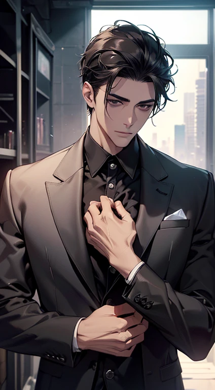 (best quality, masterpiece, 8K, photorealistic, cinematic lighting, 1:4 hdr image, top view, ultra detailed, beautiful image), a mature man, very handsome, short black hair, black eyes, perfect face without errors , ((buttoning his jacket, CEO))
