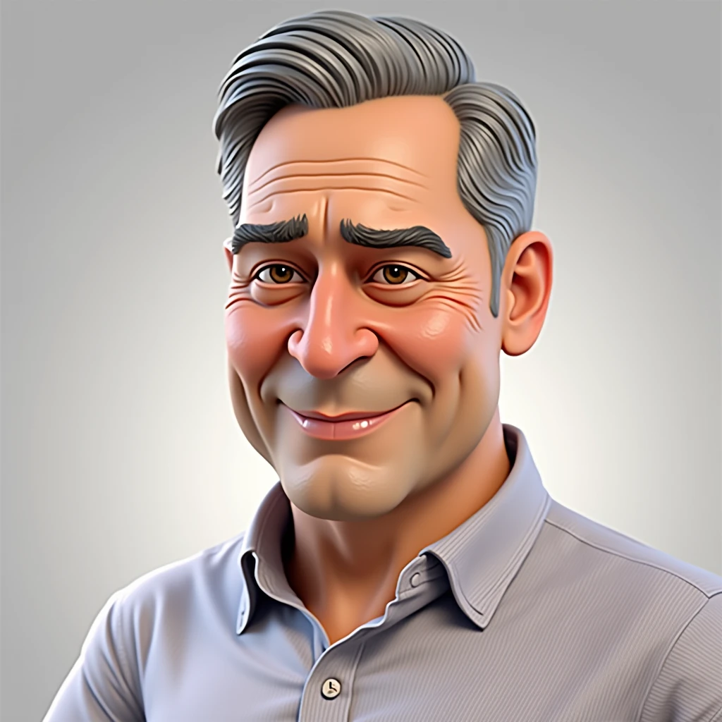 Create a 3D style character, of a 6 man, brown eyes, short gray hair, with a normal mouth, big and rounded nose, Thick eyebrows, wearing dress clothes, standing in the background a white wall