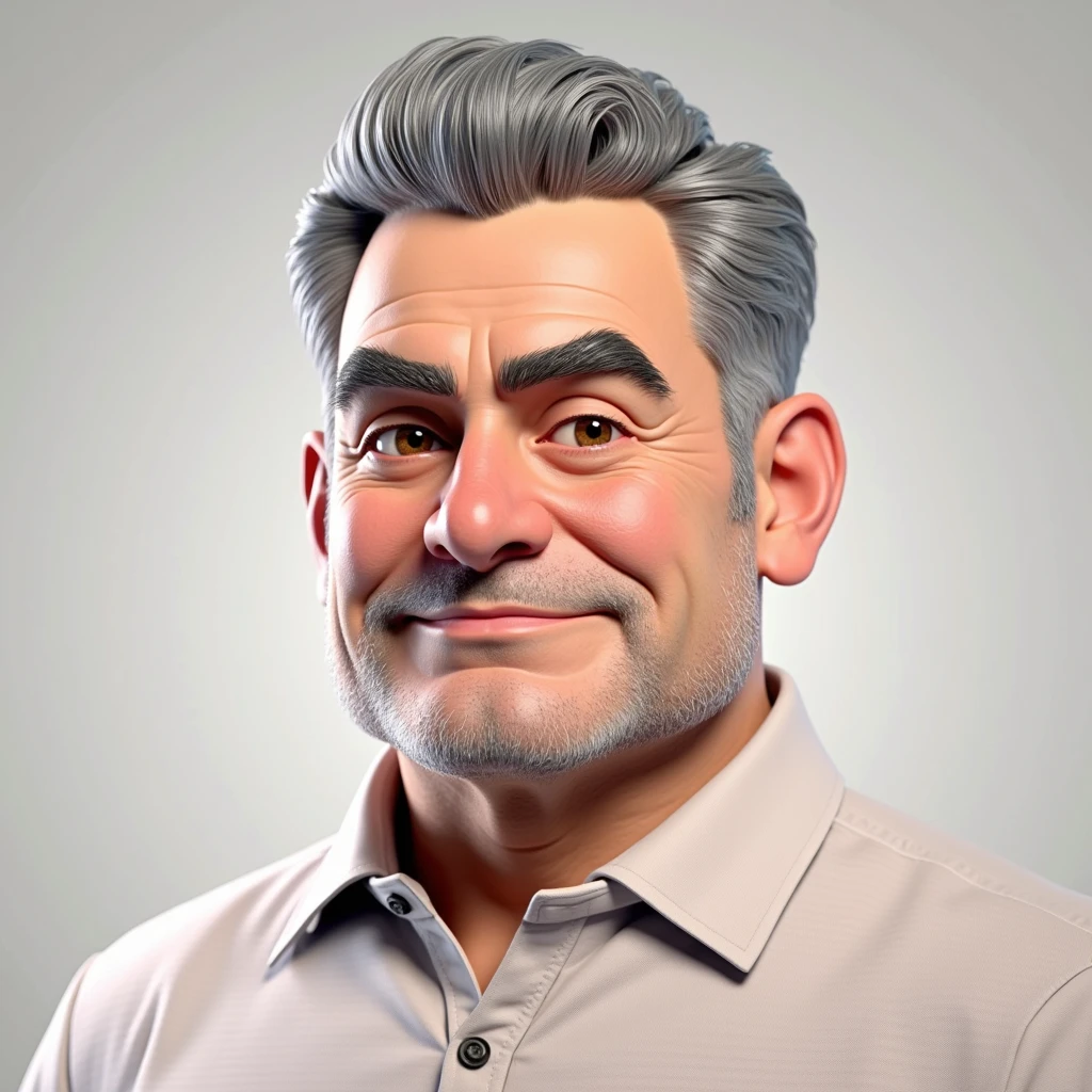 Create a 3D style character, of a 6 man, brown eyes, short gray hair, with a normal mouth, big and rounded nose, Thick eyebrows, wearing dress clothes, standing in the background a white wall
