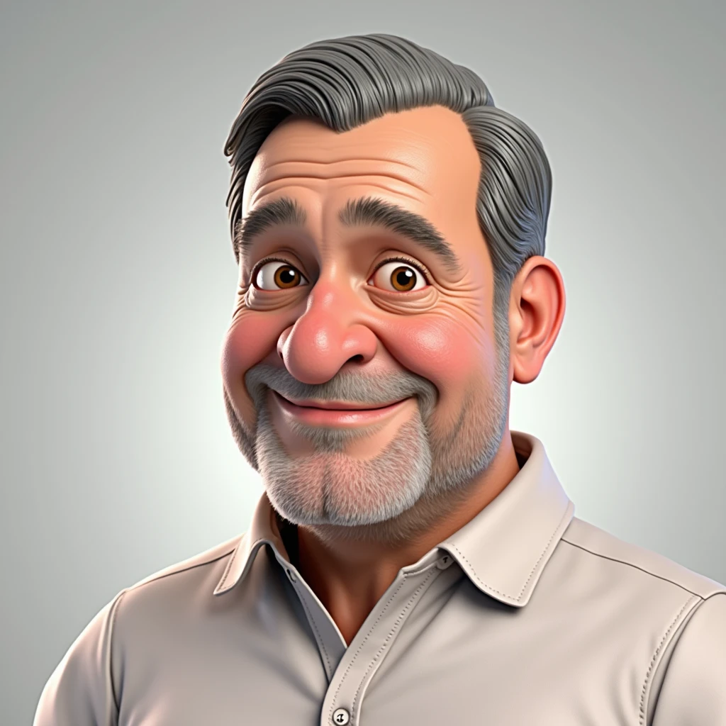 Create a 3D style character, of a 6 man, brown eyes, short gray hair, with a normal mouth, big and rounded nose,   Thick eyebrows, wearing dress clothes, standing in the background a white wall