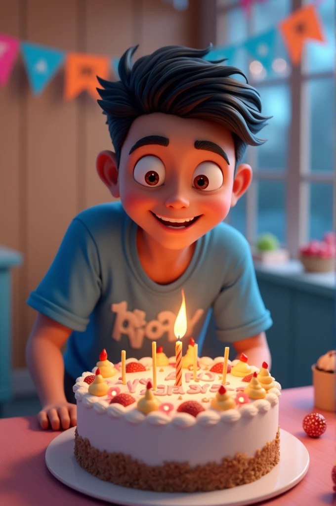 Create a 3d image in which a teenager boy cutting cake wearing Blue color shirt with name “Vinay” is written clearly on the cake and 8 year candle buring on the cake, image features with birthday decorated view, realistic image background decorated with birthday items