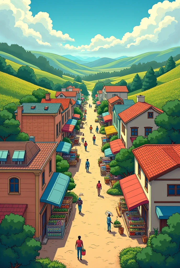 Create a comic with 11 panels based on this;
Title: “The Magic Subsidy” 1. Introduction Panel 1:
Description: Vibrant town with a grocery store and a farm.
Text: “In Economic City, The State and the Market have important roles.