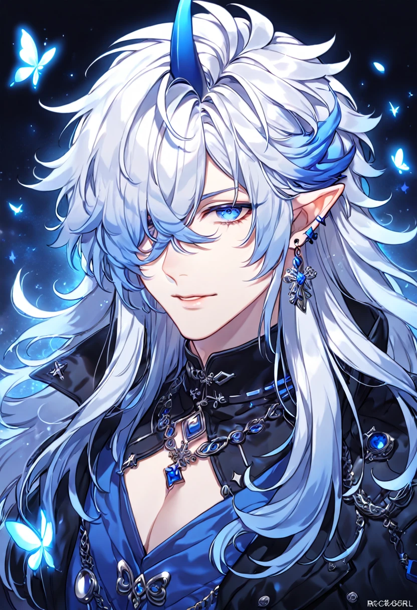 absurdres, highres, ultra detailed, HDR, master piece, best quality, extremely detailed, detailed face, Ciel, white hair, long hair, messy hair, hair over the left eye, expressive blue eyes, slightly pointed ears, Elsword, cross earrings, one single blue horn, demon, solo, sexy man, handsome, manly man, adult face, black leather coat, blue V-shirt, black scarf, magical, fantasy, under a blue tree, blue flames, blue moon, blue fireflies, blue roses, blue butterflies, glass magic