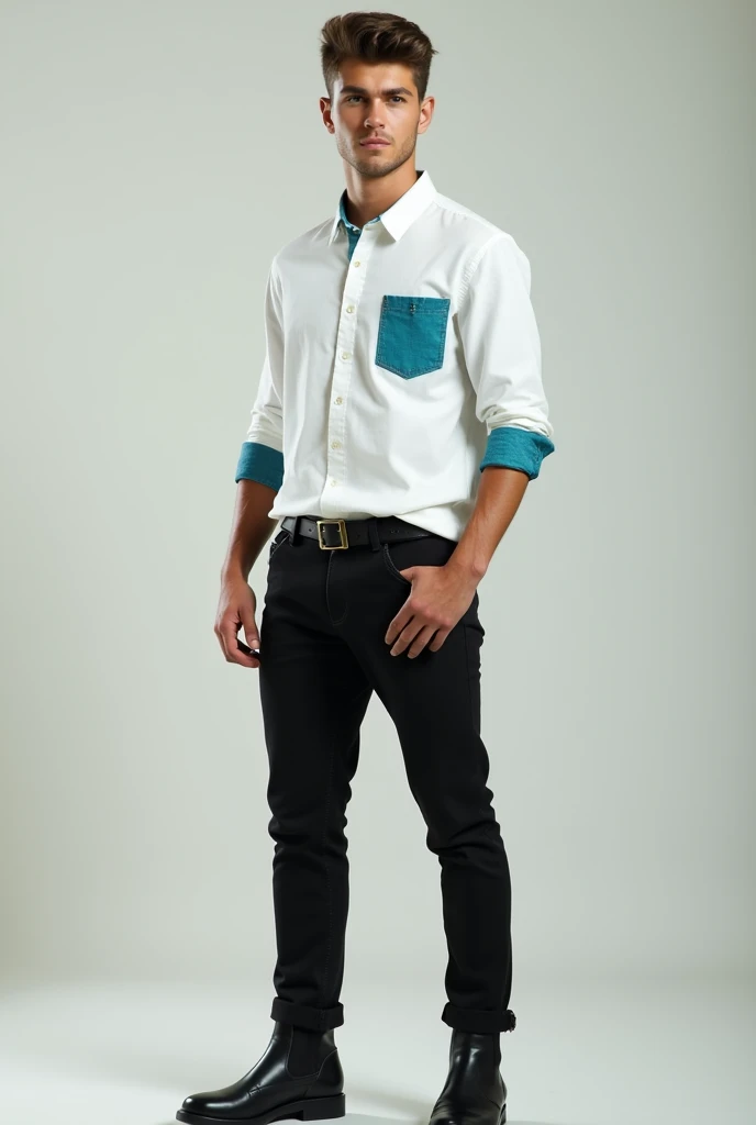 Young man wearing a white 3-quarter sleeve Columbia-style shirt with turquoise blue detail on the pocket, black pants , black booties, black leather belt
