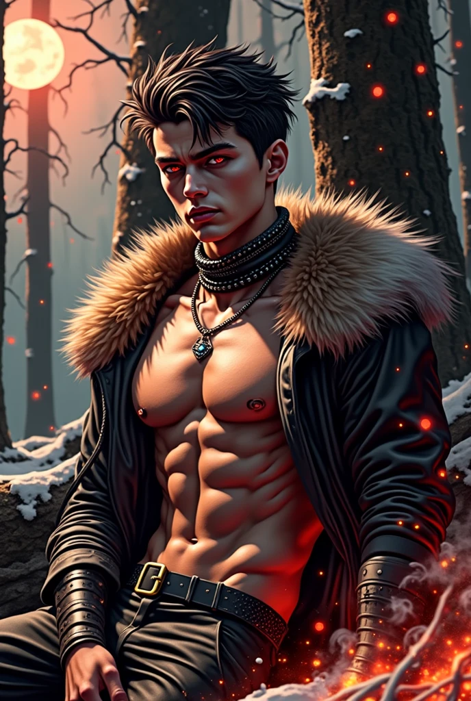 ((masterpiece)), absurdres, (top quality), detailed eyes, ((complex background)), 1man, young man, he is , smooth skin, a beautiful face,a god, ((glowing red eyes)),red eyes, black hair with silver tips (unruly hair), (((young, ))),((spike collar)),Long black fur coat, red t-shirt, black tactical pants, muscular, athletic,((cool look, badass)), athletic body, muscular, (marked veins throughout the body), ( sitting on a fallen log in a snowy forest ))big blue moon background,in a sky full of stars , (serious expression, looking at viewer), (bokeh, light particles), ((close up)), midjourney, He has a silver dagger in his hand, wise and gentle face. and with a watch eye, full body , detailed eyes ((realism)), His body exudes steam along with particles of red magic, the veins shine red