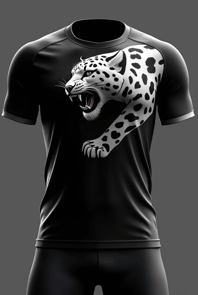 Create front and back team jersey design images with black color with white shaded snow leopard design highlighted, name on the back of the shirt Geovana and the number 10