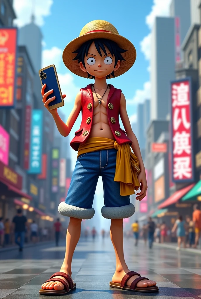 Create a realistic image of luffy with cell phone in hand 